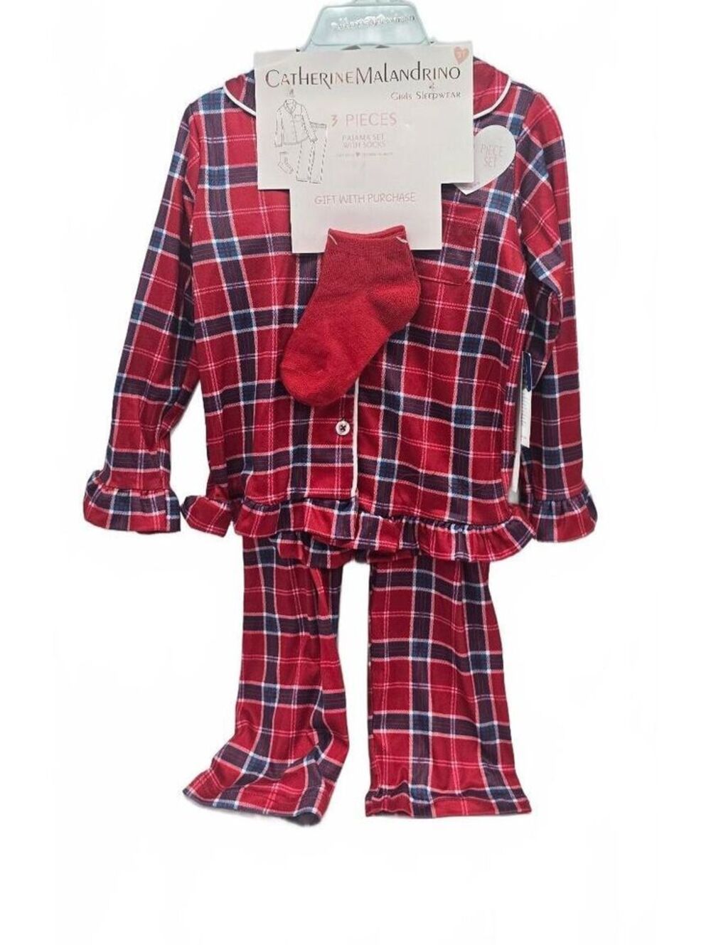 Catherine Malandrino Girls 3-Piece Red Plaid Pajama Set with Socks 3T